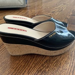 PRADA Black Patent Leather Wedge Slides